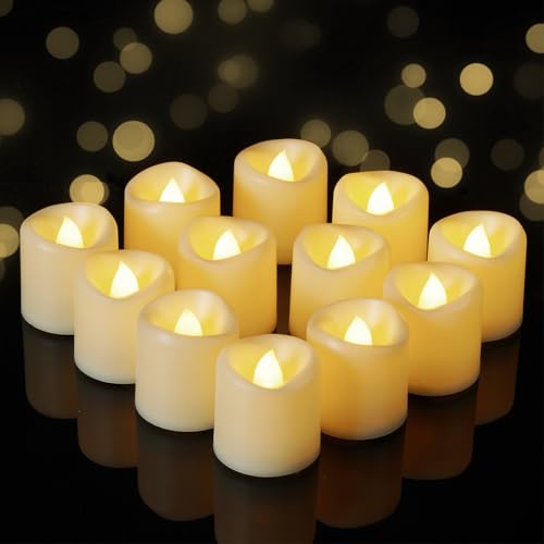 Image of 5plots 12-Pack Flameless Candles with Timer, Realistic 3D Flickering Votive Candles, 6H Timer Built-in, 150+Hour Battery Operated Tealights for Wedding, Festival, Indoors, Home Decor(Ivory Base)