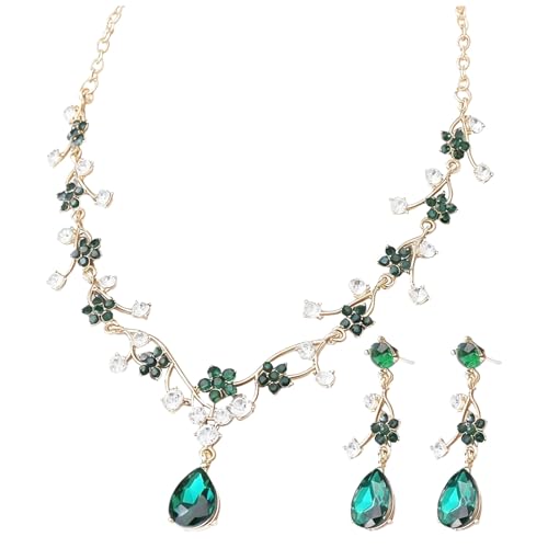 Juego de joyas de boda verde oliva con collar de cristal y pendientes de hoja