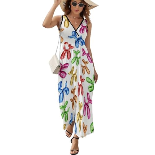 Colorful Dog Balloons Dresses Woman V Neck Sleeveless Sundress Waisted Chemise Frock Flowy Singlet Boho Swing Beach Dresses M
