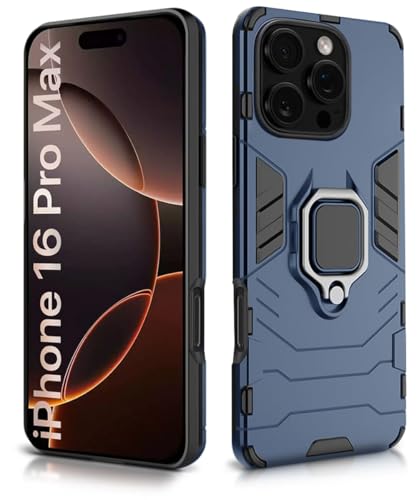 Image of WOW IMAGINE Shock Proof Back Case Mobile Cover for iPhone 16 Pro Max | Back Cover Case (Tough Armor | Hybrid PC + TPU | Ring Holder & in-Built Kickstand | Blue)