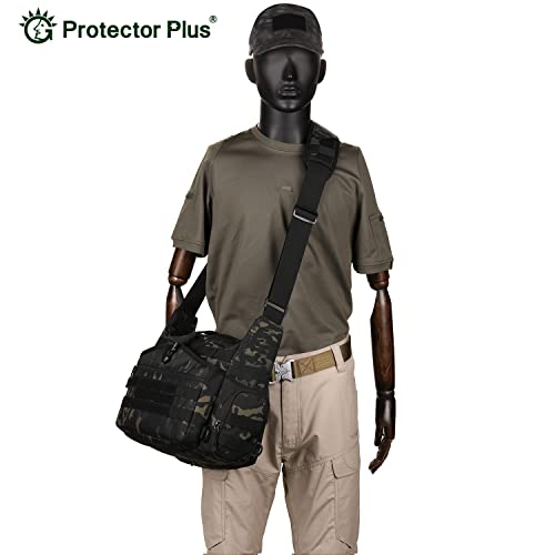 Protector Plus Tactical Messenger Bag Military Molle Sling Shoulder Pack Men Briefcase Assault Gear Handbags Outdoor Utility Carry Satchel Laptop Case (Patch Included), Black Camo #TOP2