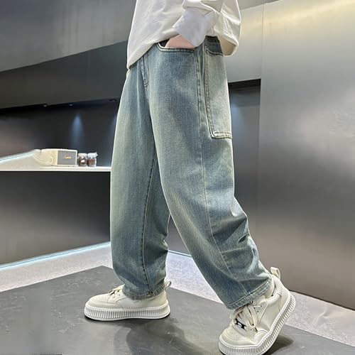 Boys Ripped Jeans Distressed Elastic Waist Baggy Denim Pants Wide Leg Straight Trousers Y2k Streetwear Pants 4-14Y2
