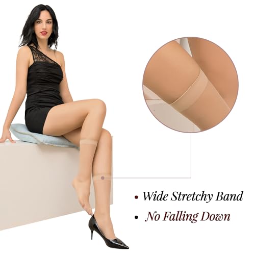 6 Pairs Knee High Stockings for Women, 20 Denier Nylon Sheer Socks with Reinforced Toes Black Nude One Size4