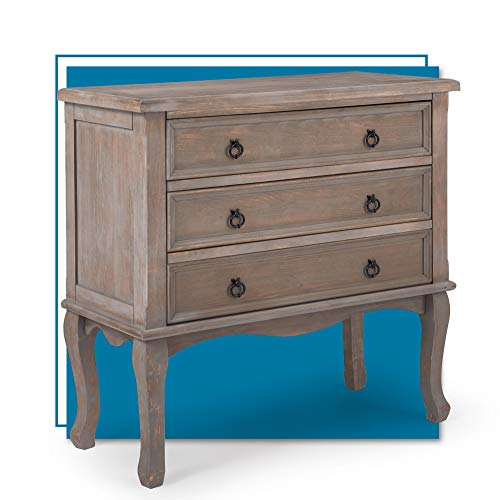 ClickDecor Thomas Antique Country Style Dresser Chest with 3 Drawers, Weathered Wood Nightstand Living Room Accent Furniture, Black Ring Handle, Curved Legs, Gray