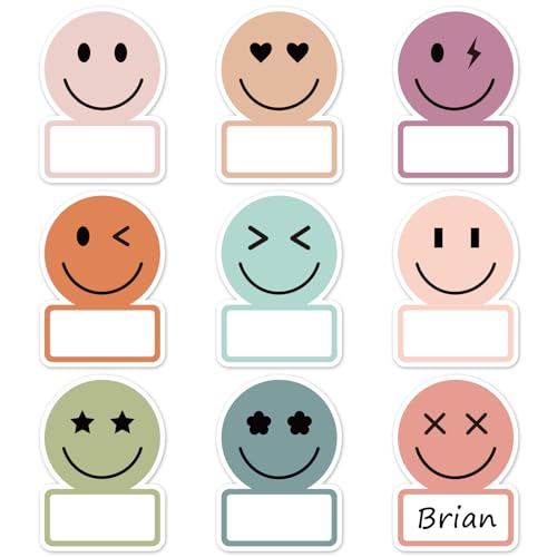 Image of Whaline 135Pcs Boho Smile Face Name Tag Stickers 9 Designs Nameplate Decals Cute Classroom Bulletin Board Labels for Back to School Student Desk Office Wall Decor