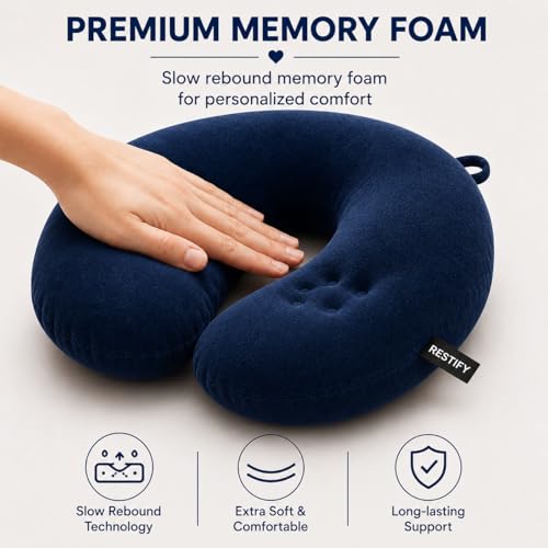 Image of Restify Premium Memory Foam Travel Neck Pillow | Soft Velvet U Shape Neck Support Cushion for Flight, Airplane, Car & Office Travel | Portable Pillow for Men & Women | Navy Blue