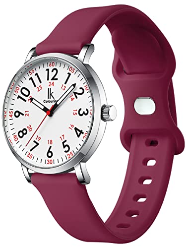 Alienwork IK EasyTime Montre Hommes Femmes Argent Bracelet en Silicone Rouge Vin Blanc Temps de Lecture Facile Changement Bracelet avec Dégagement Rapide étanche Cover