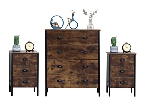 HOME MODERN Retro Industrial Style Bedroom Furniture 3 Pieces Sets (Chest of 4 Drawers and 3 Drawers Bedside Tables x2) Storage Unit Cabinets Cupboard for Bedroom