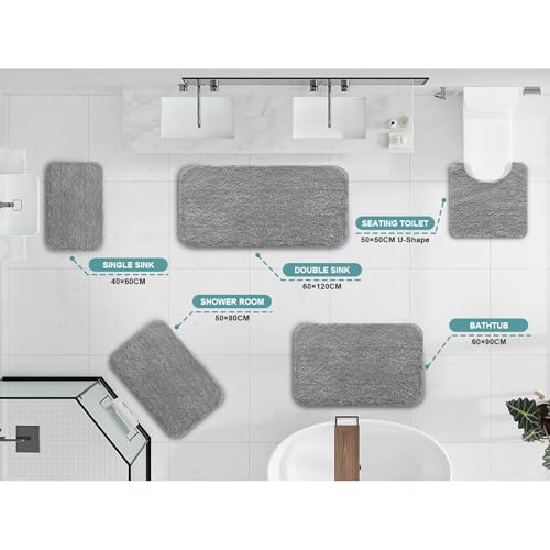 wyewye Mikrofaser-Badematte, Fußmatte, Haustiermatte, 2 cm, super dicker Badteppich, Badezimmerteppich, 40 x 60 cm, grau, maschinenwaschbar, rutschfest, super saugfähig, flauschig, Anti-Schimmel