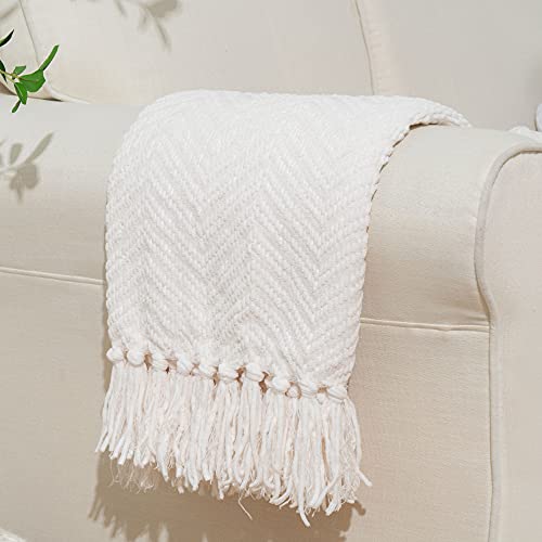 Battilo Home White Throw Blanket For Couch, Knit White Blanket Throw Versatile For Chair, Super Soft Warm Decorative Ivory Blanket With Tassels For Bed, Sofa And Living Room, 50" X 60" #TOP2