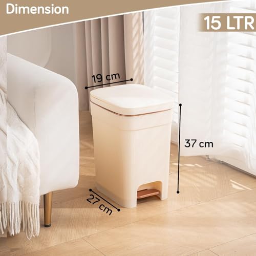 Image of HOKIPO Press-Top & Pedal Dustbin with Lid | Plastic Lightweight Step-On Trash Bin with Silent Soft-Close Lid & Bag Holder Ring | 15 Litres, Cream (NEW-AR-6195)