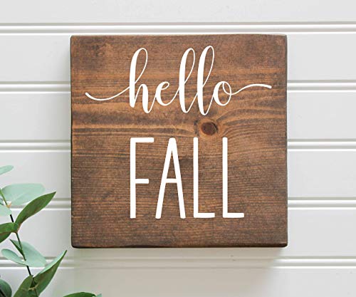 Hello Fall Rustic Wooden Farmhouse Sign Thanksgiving Autumn 7"x7"