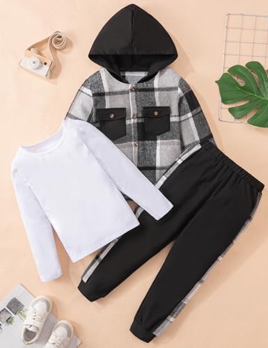 Image of Toddler Boy Clothes Plaid Hooded Shirt White T-shirt Top and Solid Color Pants 3Pcs Winter Boys Clothes