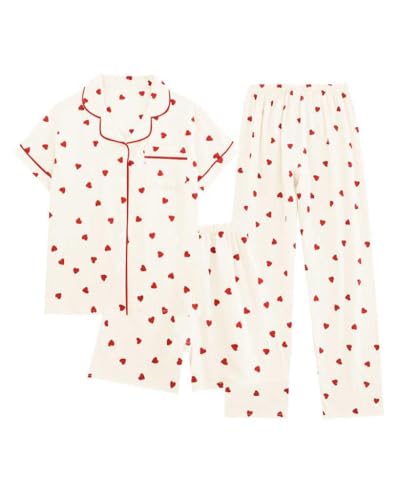 Image of codcm Womens 3pcs Cotton Pajamas Set Short Sleeve Sleepwear Fruit Print Cute Pj Set with Long Pants