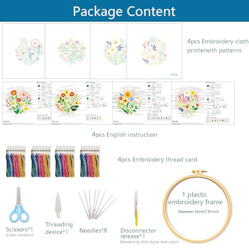 Image of Zhenqing 4-Piece Floral Embroidery Kit for Beginners - Complete Set with Sunflower, Daisy Designs & Pre-Printed 29x29cm Cotton Fabric, Hoop, Threads & Tools(C0166)