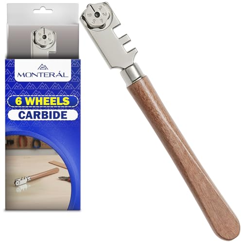 MONTERAL Cortador de Vidrio Profesional 130 mm con 6 Ruedas de Carburo - Corta Cristales Profesional con Profundidad de Corte Ajustable - Cortador Cristal con Mango de Madera Ergonómico