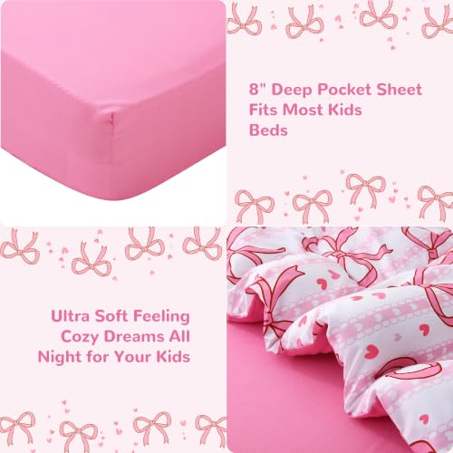 Image of Viviland Toddler Comforter Sets, 4 Pieces Bedding Sets, Bowknot Pattern | Microfiber Pink Bed Set, Girls, Breathable & Soft, Comforter, Bed Sheet, Fitted Sheet and Pillowcase, Machine Washable