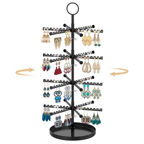 Image of MODOWEY 4 Tier Metal Rotating Earring Holder Organizer Stand Adjustable Display Tree for Women, 384 Holes and Grooves Rack Tower for Pierced Dangle, Large Capacity Space-Saving Jewelry Hanger, Black