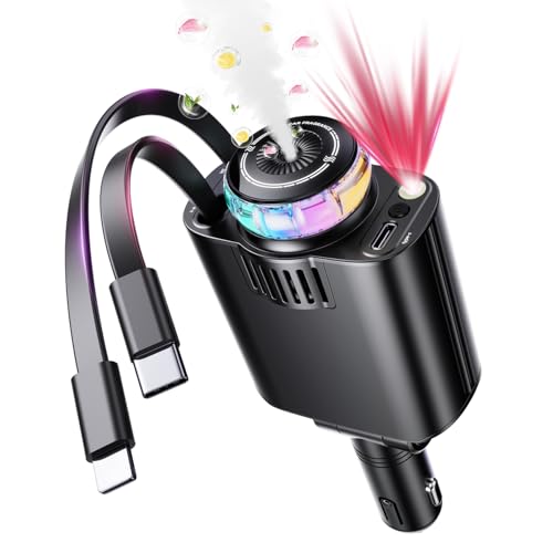 Retractable Car Charger with Aromatherapy and Starlight 5 in 1 USB C Car Charger Adapter 69W Fast Charging Cars Phone Chargers Cars Air Freshener Compatible with iPhone 17 16 15 14 13 and Android