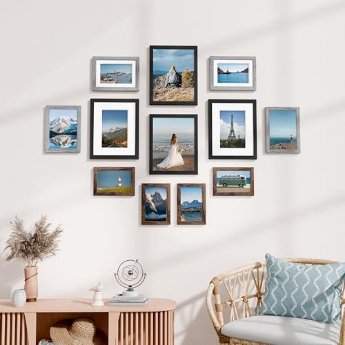 Image of Vittanly 12 Pack Picture Frames Collage Wall Decor for Mounting or Tabletop Display, Gallery Wall Frame Set for Family, Multi Sizes Including 4pcs 8x10, 4pcs 5x7, 4pcs 4x6, Black, Brown and Grey