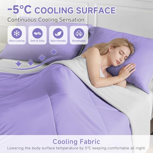 Image of HOMFINE Cooling Comforter for Hot Sleepers - Both Sides Q-Max>0.45 Arc-Chill Cooling Fiber for All-Season, Breathable Soft Keep Cool Summer Blanket for Bed Couch Sofa, Purple, Twin