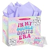 RTMISA 10th Birthday Gift Bag with Tissue Paper and Greeting Card 10 Year Old Birthday Gifts Wrapping Bag for Teen Girls Iridescent Happy Birth Day Party Decorations Supplies for Music Singer Merch