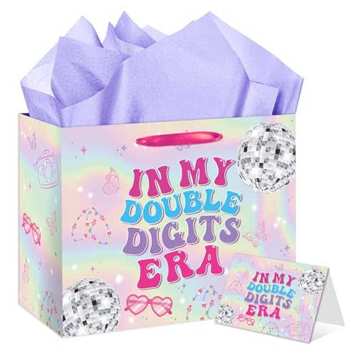RTMISA 10th Birthday Gift Bag with Tissue Paper and Greeting Card 10 Year Old Birthday Gifts Wrapping Bag for Teen Girls Iridescent Happy Birth Day Party Decorations Supplies for Music Singer Merch