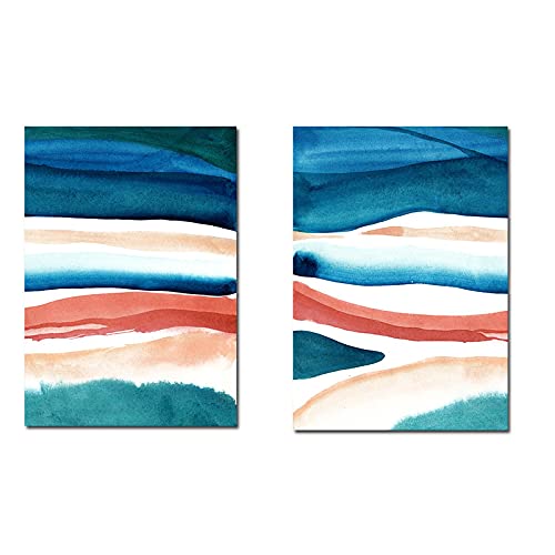 Art abstrait bleu et orange brûlé pour salon moderne : lot de 2 impressions sur toile 60x80cm