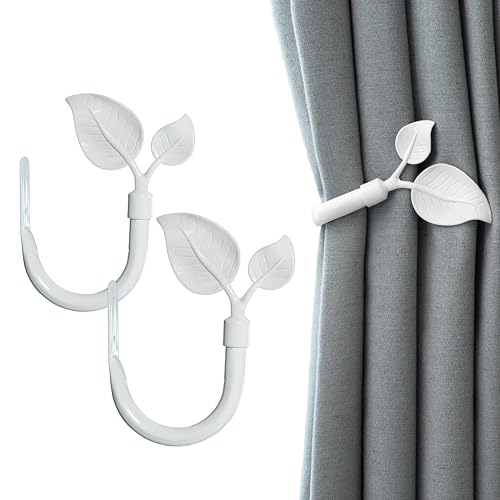 Image of HIKMLK Vintage Ivory White Leaf Shaped Curtain Holdbacks 2pcs, HandmadeMetal Curtain Holders for Wall Family Home Winow Decor, Farmhouse Curtain Tieback for Drapes Window Decoration