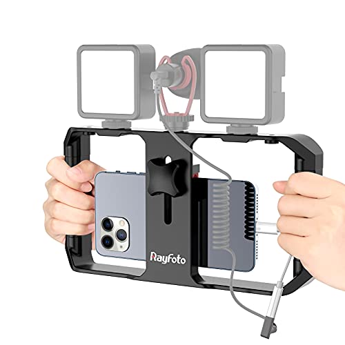 Rayfoto Smartphone-Video-Rig, Handheld-Handy-Video-Käfig mit 3 Zubehörschuh-Halterungen, Stativschraube, Handy-Video-Stabilisator für iPhone 12 11 Pro Max Samsung Huawei für Filme, Vlog Live Streaming Cover