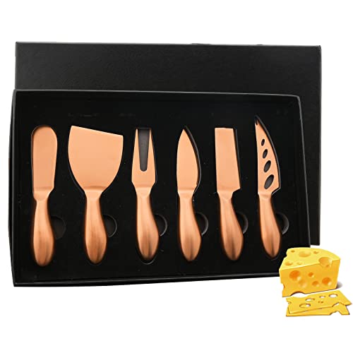 Snplowum Matte 6-Piece Cheese Knife Set, Complete Stainless Steel Dessert Knife Set For Daily Home Restaurant Use, Kitchen Tool Utensils Gift Box For Butter Pizza Cheese Cake ( Copper )