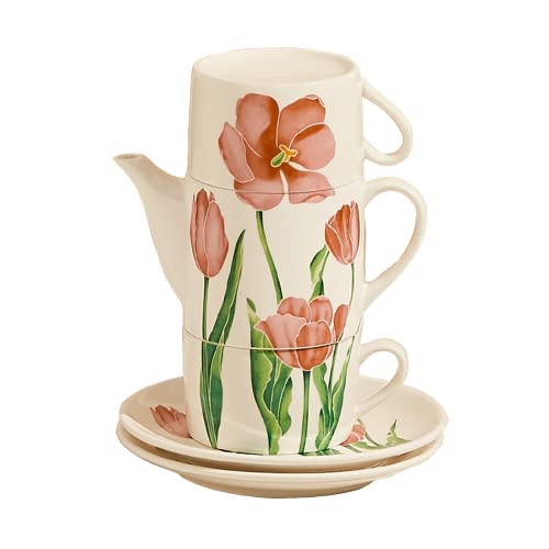 Jimiruigro Ceramic Tea Set for Two, 13.6oz Teapot with Infuser, Stacked Kettle Two Cup and Saucer with Handpainted Flower Pattern, Office Home Gift for Women and Adults, Style 4