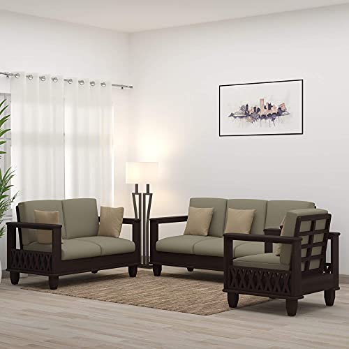 Image of Solid Sheesham Wood 6 Seater Sofa Set for Living Room Without Centre Table | Wooden 3+2+1 Six Seater Sofa Set with Cushions | Modern Sofa Set Furniture for Home, Office & Lounge | Dark Brown