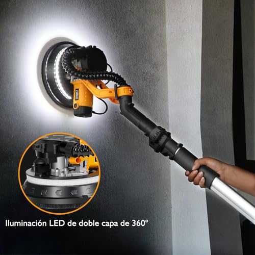 Miniatura 5 de Zhjan Lijadora De Pared Y Techo 880w, 5 Velocidades Ajustables 1000-2100 Rpm Lijadora Jirafa Con Sistema De Recogida De Polvo, Luz Led, 12 Discos De Lijado, Plegable Y Extensible