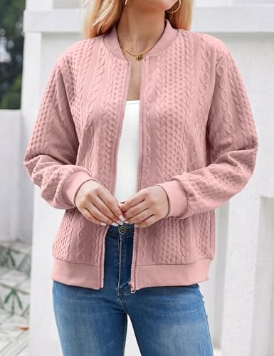 Image of WROLEM Women's Zip Up Cardigan Sweater Cable Hoodies Long Sleeve Jacket Outfits Crewneck Casual Coat