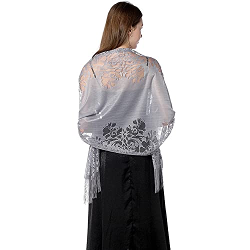 TOEECY Chales Estolas Bufanda de Encaje para Mujer Grande Ligera Estola Fiesta Suave Elegante Fulares Shawl con Flecos para Bodas Bridemaids Ropa de Noche Partido Playa (Gris)