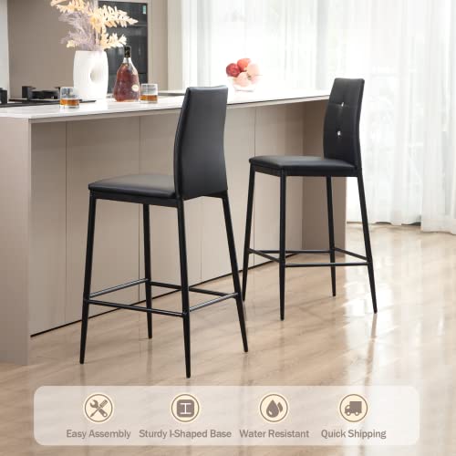 Black Bar Stools Set Of 2 - Faux Leather Barstools, 26 Inch Counter Height Bar Stool, Modern Bar Chairs With Back, Kitchen Island Chairs, Upholstered Bar Stools For Kitchen Counter, Easy Assembly #TOP4