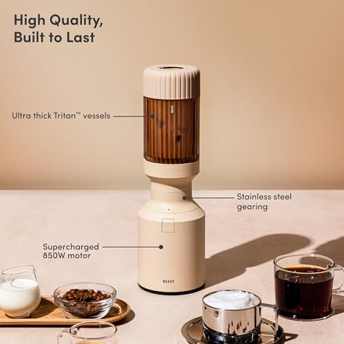 Image of Beast Mighty 850 | Premium Compact Personal Blender | Smoothies, Shakes, Dressings, Sauces, Desserts, Dips | Blends Ice and Frozen Fruit | Includes Extra Lids and Straws | 850W (Sand)
