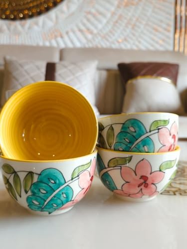 Image of Niyara Stoneware Handmade Ceramic Stylish Premium Serving Bowls /Salad Tray Microwave Dishwasher Safe (Yellow Floral Bowl)