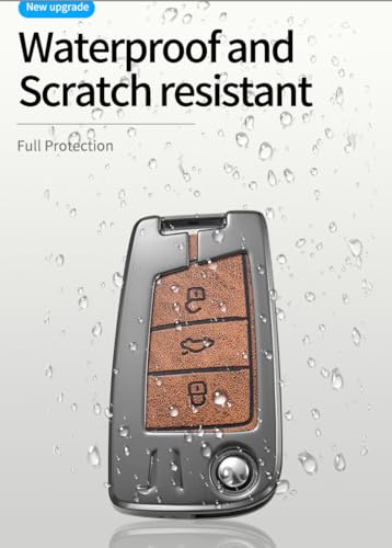 Image of Zinc Metal Alloy Leather Car Key Cover & Case Brown with Keychain & Holder Compatible for VW Taiguan, Virtus, Tiguan, T-ROC, Jetta (3 Button Flip Key New)