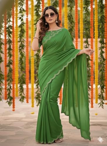 Image of Chinon Silk Saree with Embroidered Blouse, Traditional Georgette Saree, Elephant Embroidery Pattern, V-Neck Design, Free Size, Festival Wear