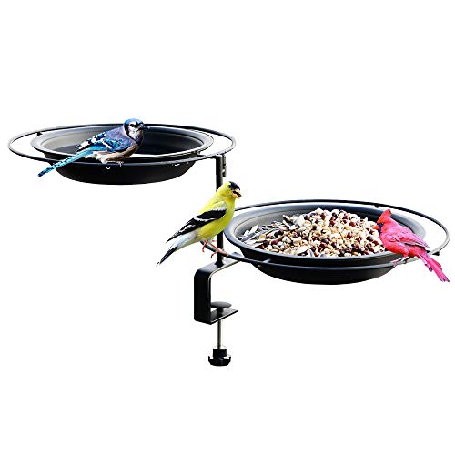 Solution4Patio Expert in Garden Creation #G-B124A00-US Urban Apartment Deck Rail Bird Feeder & Bird Bath, Balcony Platform Removable Metal Tray 8" Dia, Not Blowing Away, Adjustable Clamp Bracket