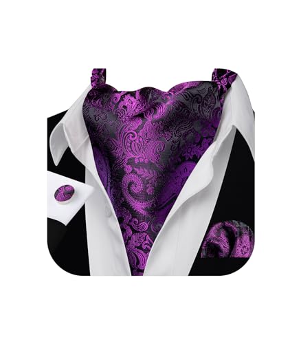 Image of Barry.Wang Ascot Ties Cravat Tie Men Paisley Plaid Scarf Self Tie Pocket Square Cufflinks Set Wedding Party