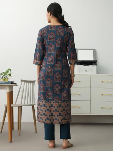 Image of Gerua Blue Ethnic Motifs Printed Straight Kurta Set