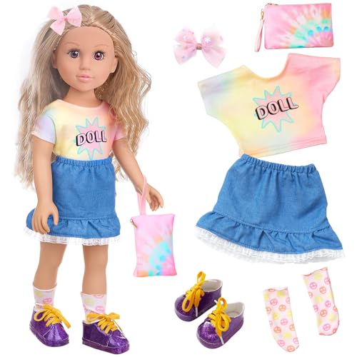 18 Inch Girl Doll Playset with Doll Clothes and Accessories Including 18 Inch Doll T-Shirt Denim Skirt Shoes Handbag Socks Bow Headwear for Little Girl