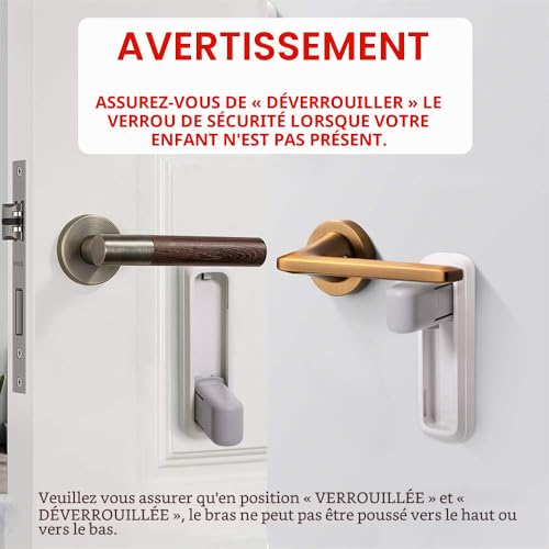 EUDEMON Serrure de porte à levier, Sécurité enfant, Facile à installer et à utiliser, Sans outils ni perçage, Facile à enlever (Blanc, 2 pièces) – vue 6
