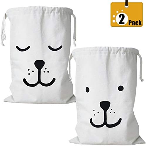MeliUp Cute Large Canvas Storage Bag -2 Pack Drawstring Tote Bags for Clothing, Toys, Books, Gift Baskets, Closet Storage