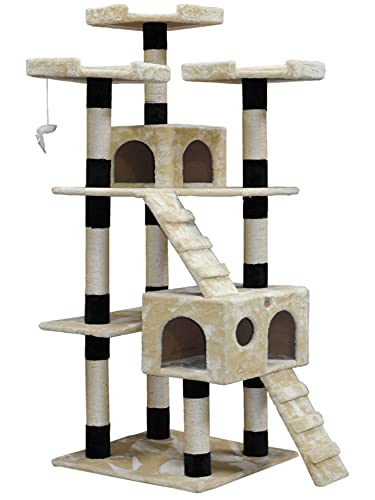 Go Pet Club 72" Premium Cat Tree Kitty Tower Kitten Condo For Indoor Cats With Scratching Posts, Condos, Ladders, Soft Perches, And Hanging Toy Cat Activity Center Furniture, Beige/Black #TOP1