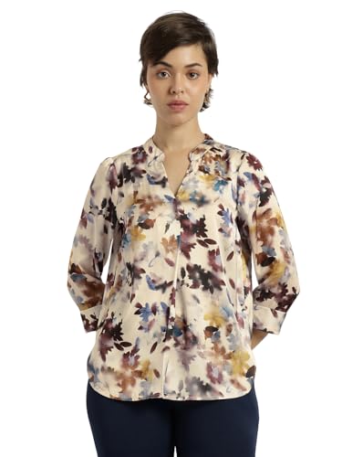 Image of FableStreet Women Shirt Work & Casual | Relaxed Fit Mandarin V-Neck Three-Quarter Sleeves Solid Pattern | Breathable Woven Fabric for Office & Everyday Wear