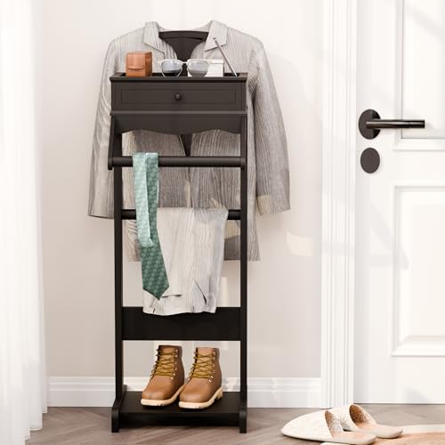 Image of Men's Valet Stand with Tray, Black Wood Clothes Stand, Freestanding Garment Rack Organizer for Enterway, Office, Bedroom